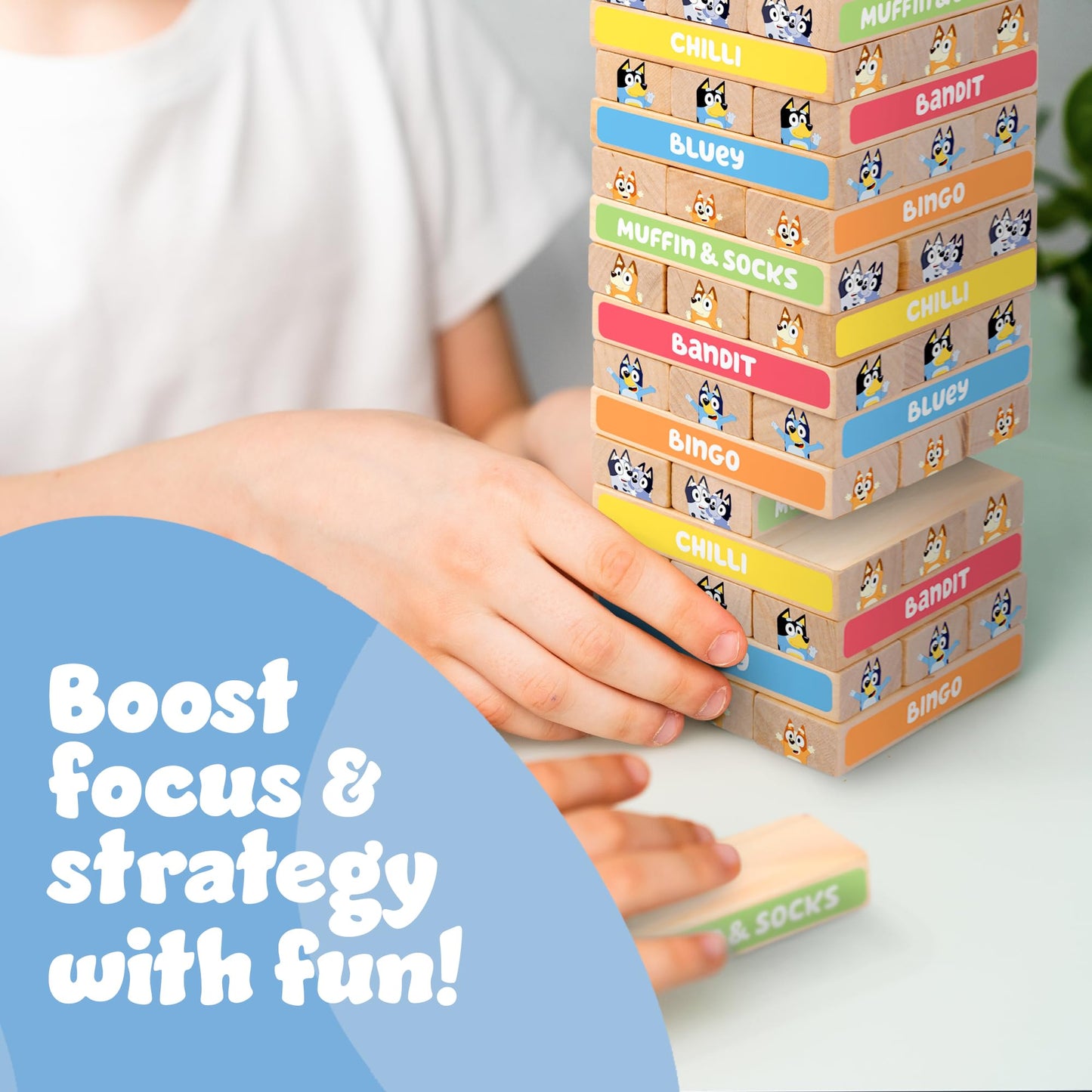 Bluey Tumbling Tower Game - 54 Colourful FSC-Certified Wooden Blocks, Hand-Eye Coordination & Motor Skills Family Game, Eco-Friendly Fun for Kids Aged 3+, Durable & Non-Toxic
