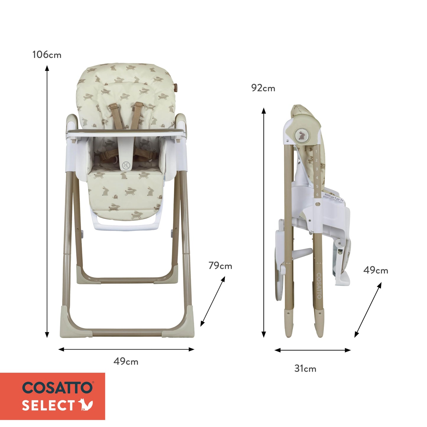 Cosatto Pip adjustable highchair with padded seat, footrest, tray, cup holder, foldable, lightweight, and easy-to-clean for babies.