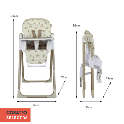 Cosatto Pip adjustable highchair with padded seat, footrest, tray, cup holder, foldable, lightweight, and easy-to-clean for babies.