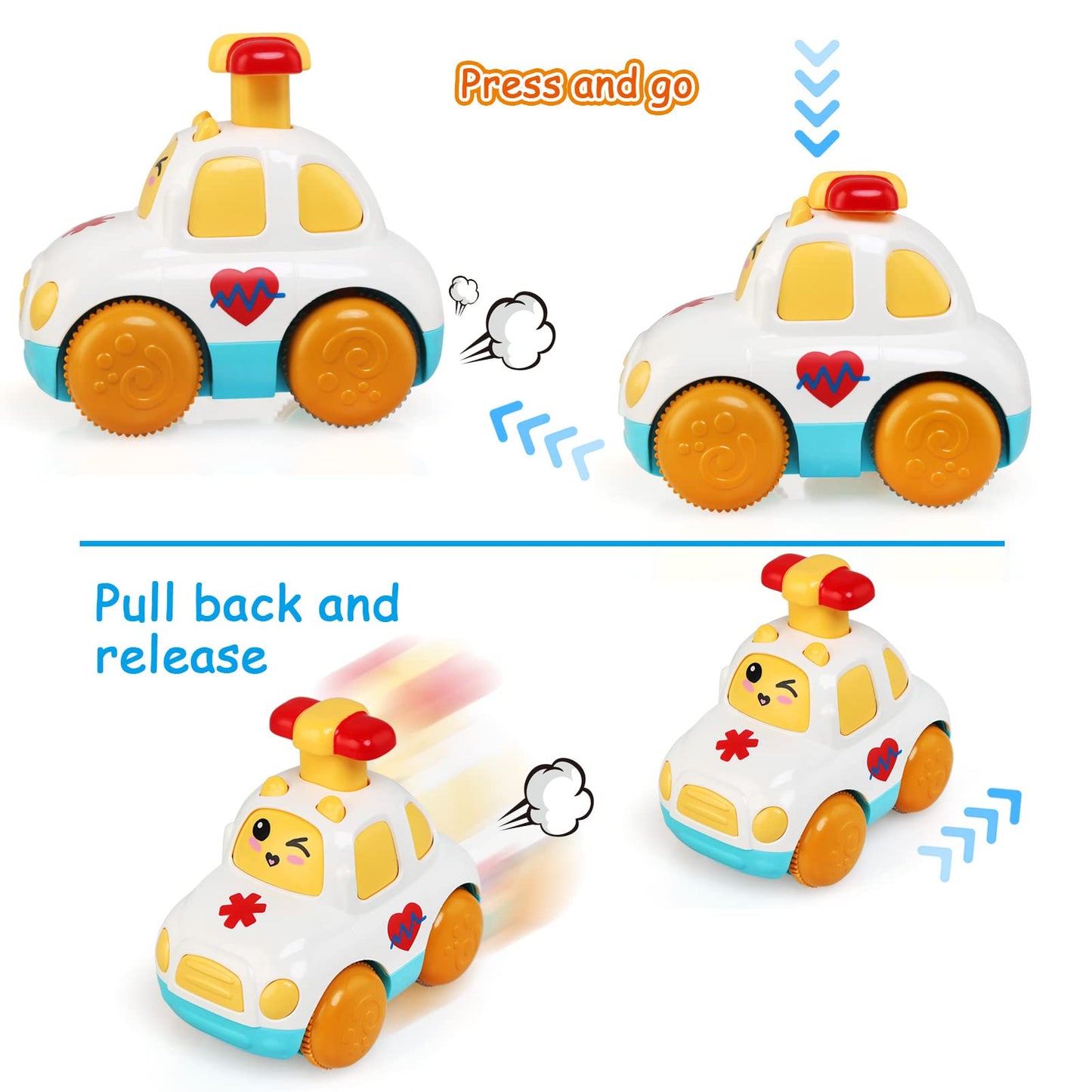LEADSTAR cartoon wind-up baby toy cars for toddlers, featuring colorful designs and easy press-and-go action.