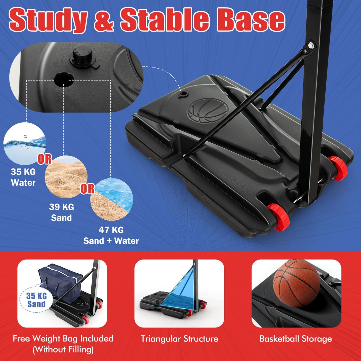 COSTWAY 10ft Basketball Backboard Hoop Net Set, 1.05M-2.6M Height Adjustable Basketball Stand with Wheels, Weighted Bag, for Kids, Junior and Adult