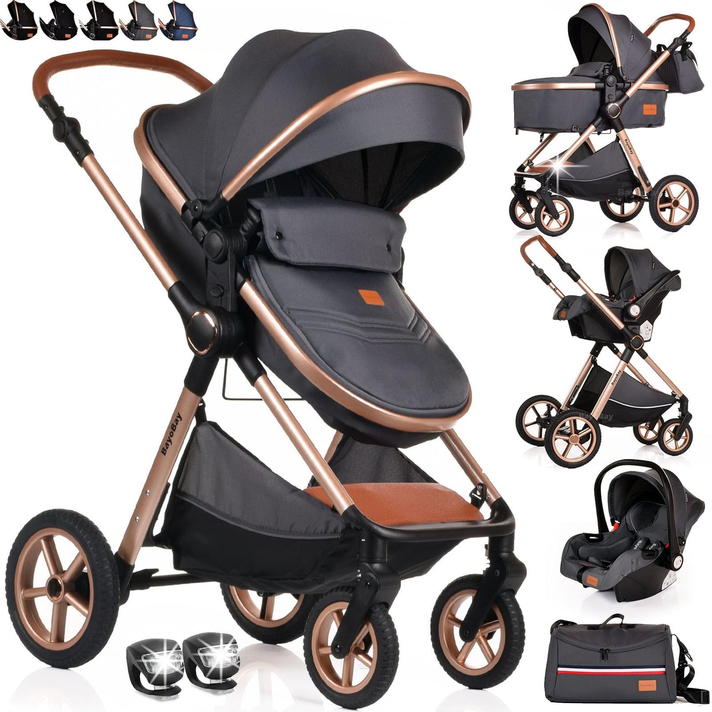 Baby Pram Pushchair Buggy Stroller 3 in 1 Child Lightweight Folding Stroller 3 in 1 Travel System Pram for Newborns Toddlers from Birth New 2026 Style LEDs, FREEBIES (BBC - Grey Gold, BBC)