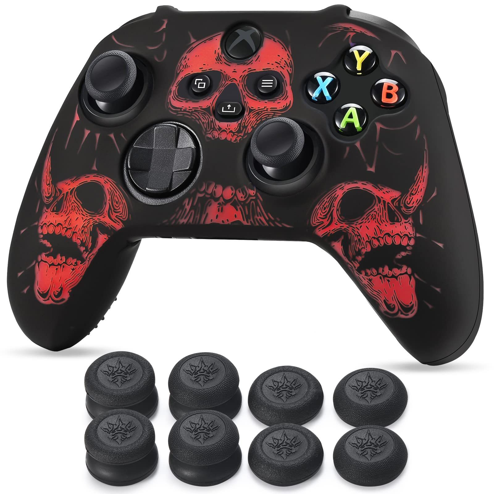 Red YoRHa laser carving silicone skin for Xbox Series X/S controller with 8 pro thumb grips, designed for custom gaming comfort.