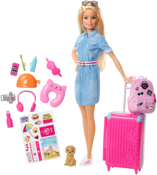 Barbie travel doll with blonde hair, puppy, suitcase, stickers, and accessories for kids aged 3 to 7 years.