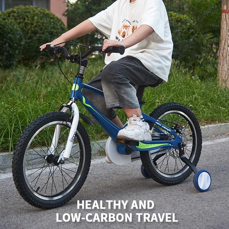 BSTSEL children's blue 14-inch bicycle with stabilizers, double brakes, suitable for boys and girls aged 2-9 years old.
