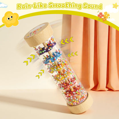 Wooden baby rattle toy from Zendstanding featuring a rain stick design for sensory play and musical development.