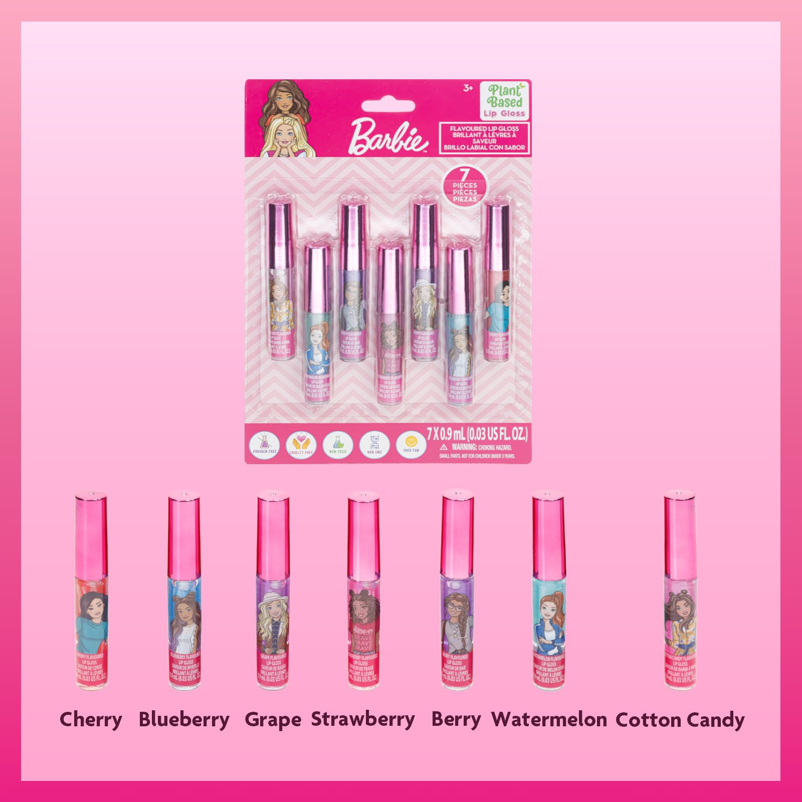 Barbie 7-piece plant-based lip gloss set for girls, ideal for parties and sleepovers, by Townley Girl.