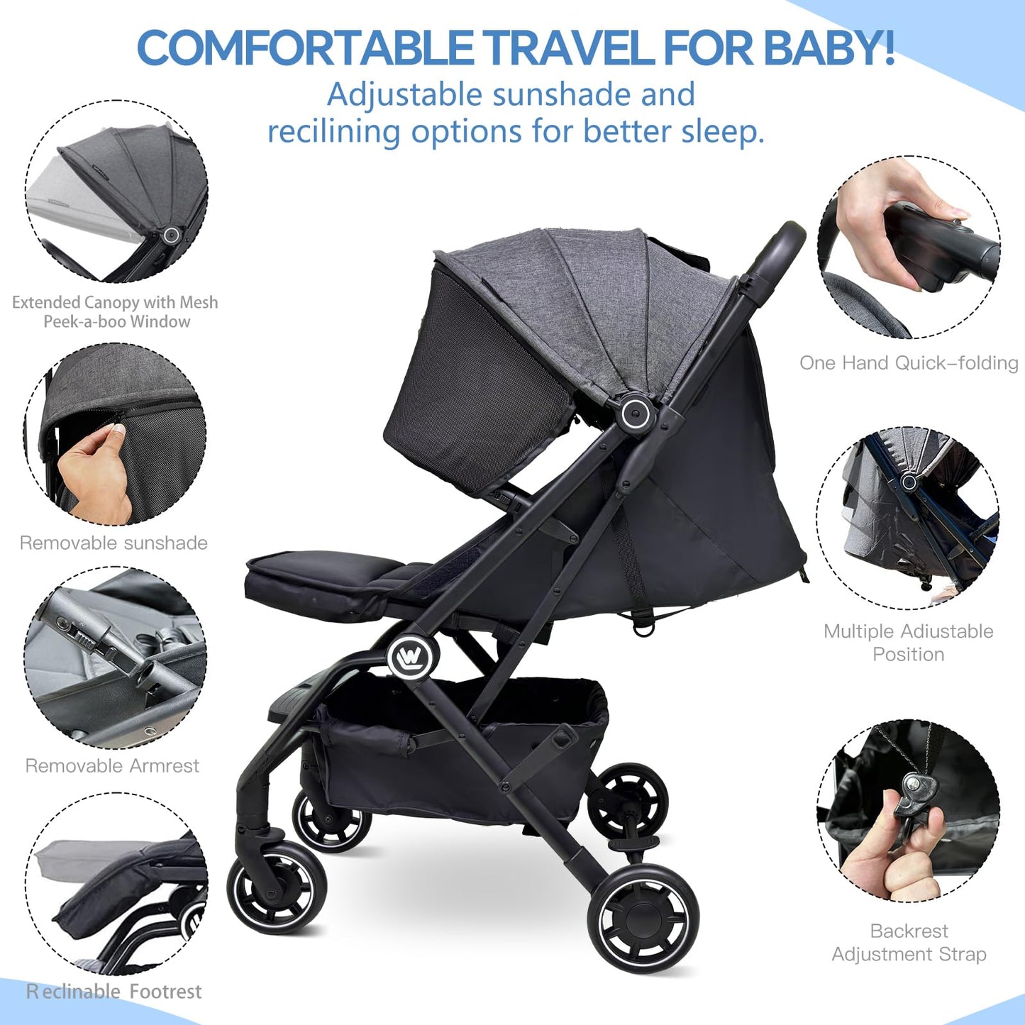 Wheelive Lightweight Baby Stroller, One Hand Easy Fold Compact Travel Pushchair with Cup Holder & Oversize Basket, Sleep Shade - Infant Buggy for Airplane Travel and More