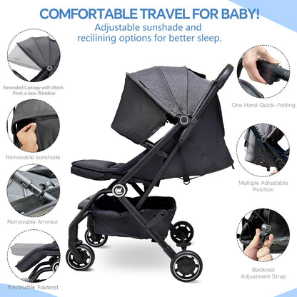 Wheelive Lightweight Baby Stroller, One Hand Easy Fold Compact Travel Pushchair with Cup Holder & Oversize Basket, Sleep Shade - Infant Buggy for Airplane Travel and More
