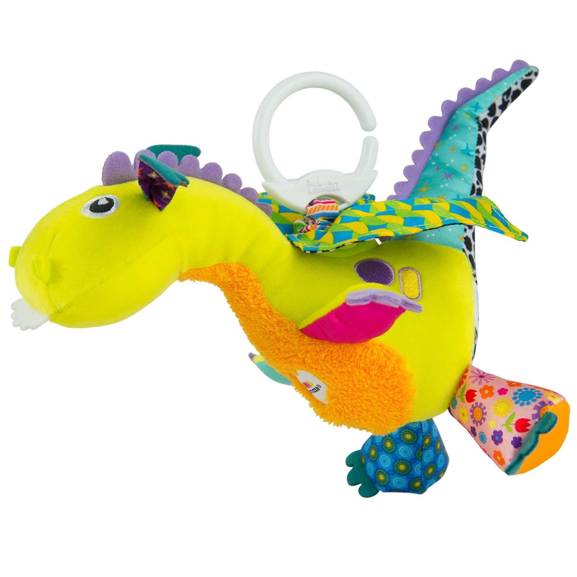 LAMAZE Flip Flap Dragon sensory baby toy clipped to a pram, designed for newborns 0-6 months, with colorful, soft fabric features.