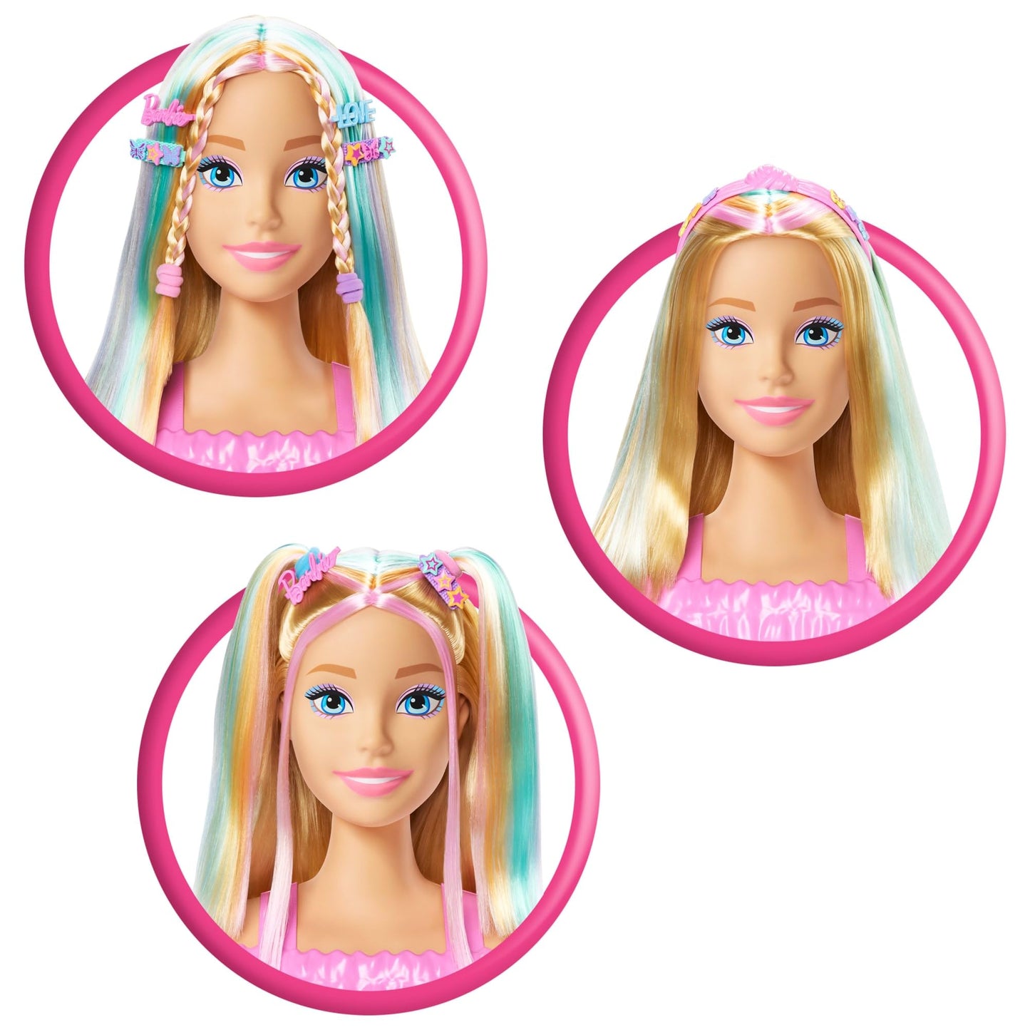 Barbie doll styling head with blonde hair, 20+ accessories including star and butterfly color change hair clips.