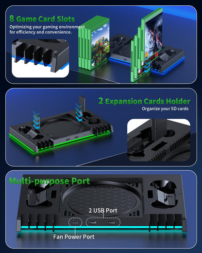 Gorixer AI cooling fan with charging stand for Xbox Series X, wireless dual charger, rechargeable batteries, and disc game storage.