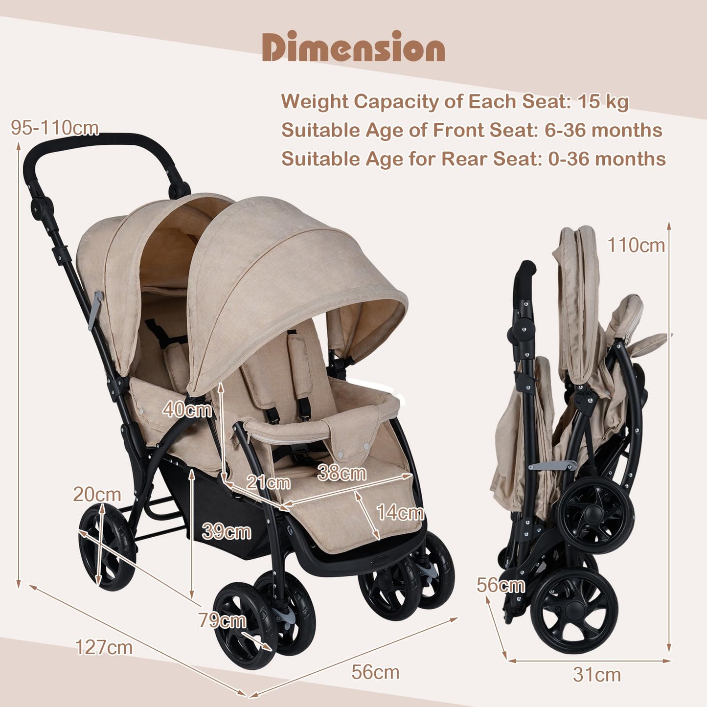 COSTWAY double seat pushchair in khaki with adjustable backrests, sunshade, safety belts, foldable tandem stroller for infants.