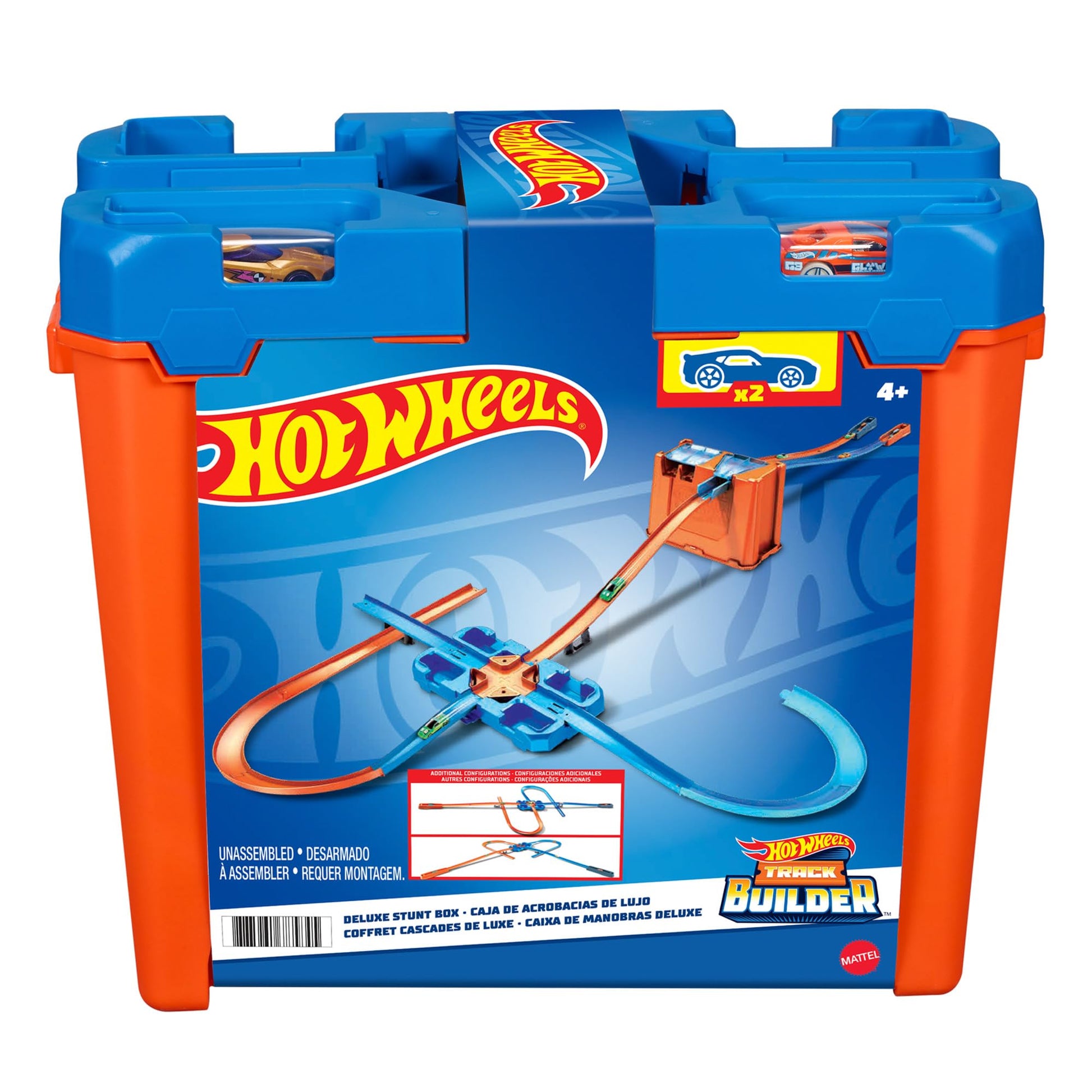Hot Wheels Track Builder Deluxe Stunt Box with dual launchers, track system, and two toy cars for ages 6 and up.