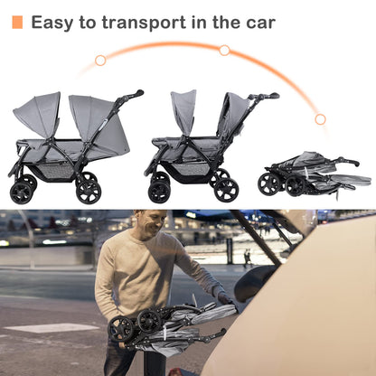 Maxmass Double Seat Baby Stroller, Folding Infant Pushchair with Adjustable Handlebar & Backrest, Storage Basket and Detachable Canopy, Travel Toddler Buggy for Shopping, Hanging Out (Grey)