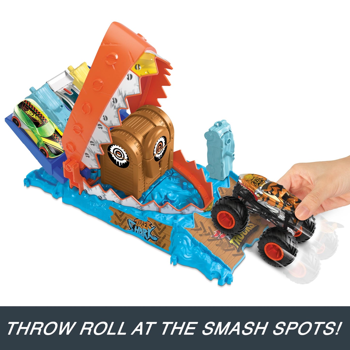 Hot Wheels Monster Trucks Arena Smashers playset with Tiger Shark toy truck and crushed car in action scene.