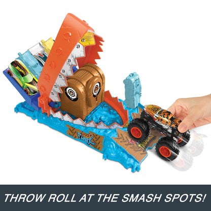 Hot Wheels Monster Trucks Arena Smashers playset with Tiger Shark toy truck and crushed car in action scene.