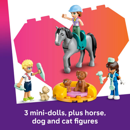 LEGO Friends Horse and Pet Vet Clinic set featuring a horse, cat, dog figures, mini dolls, stable, and accessories.