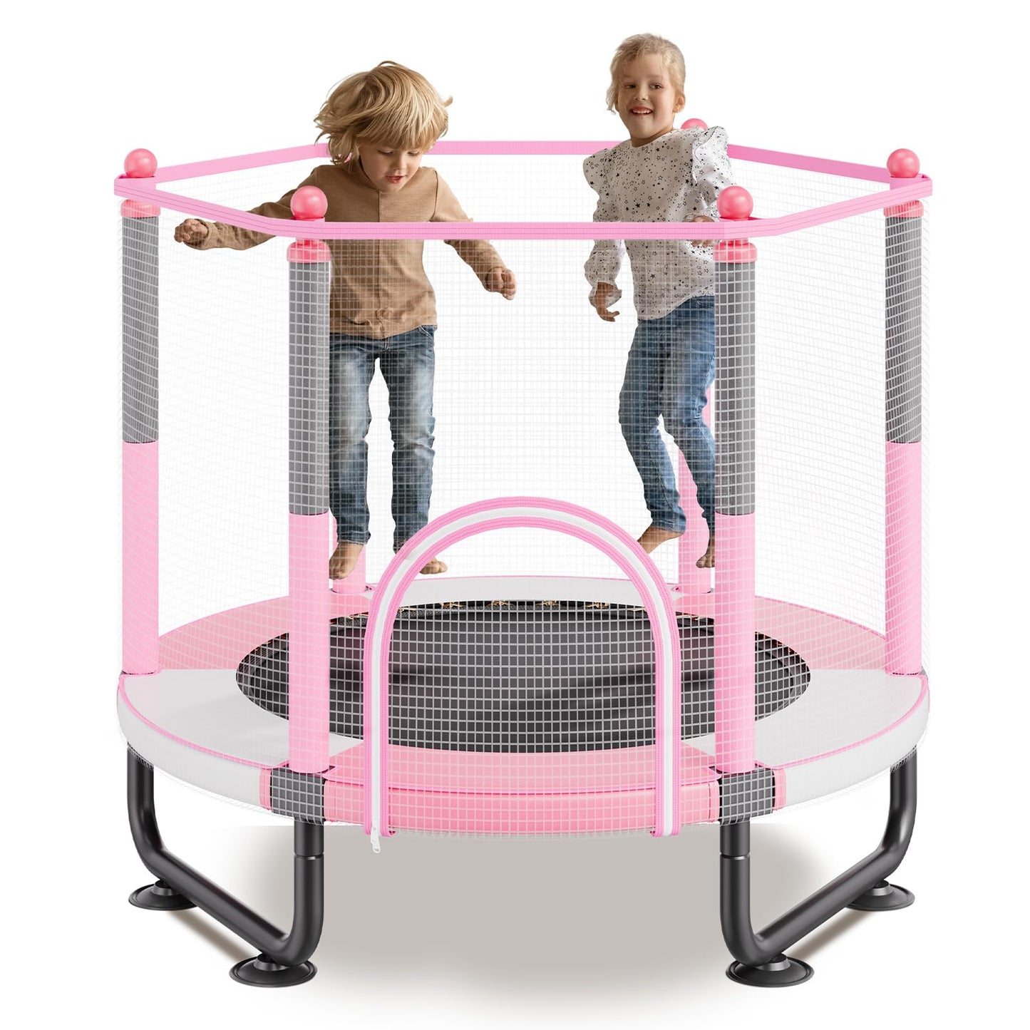 VEVOR 60" Kids Trampoline, 5FT Indoor Outdoor Trampoline, Mini Toddler Recreational Trampolinewith Safety Enclosure Net and Basketball Hoop, Birthday Gifts Christmas Toys for 3+ Years Children, Pink