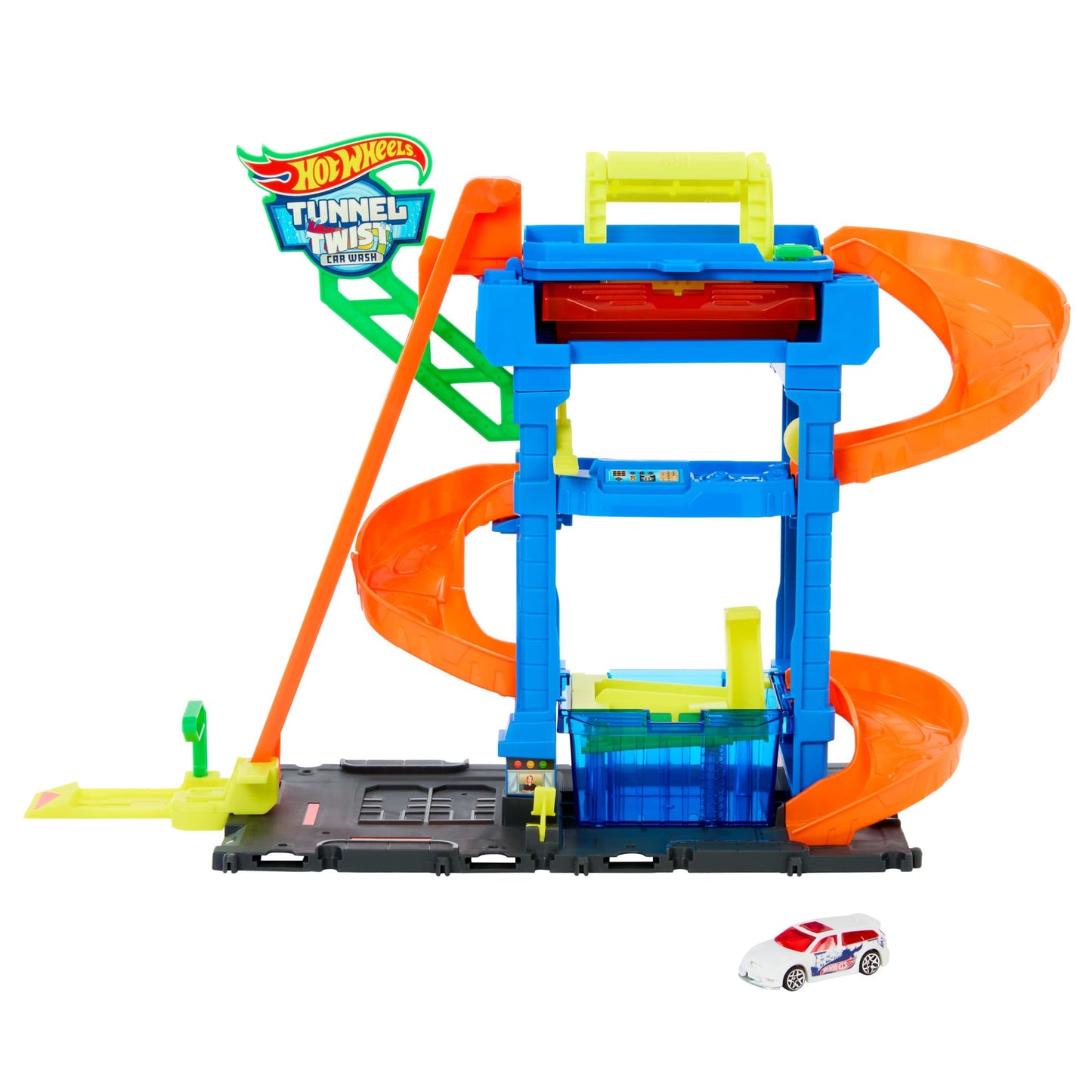 Hot Wheels Let's Race City Toy Car Track Set with Tunnel Twist Car Wash and Color Shifters vehicle in 1:64 scale.