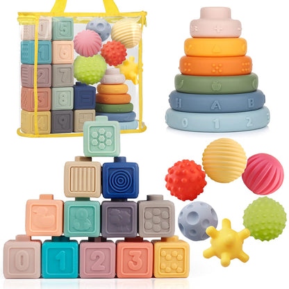 Weilim 3-in-1 baby toys for infants, featuring pull string teether and sensory bins for 6-12 months and toddlers 1-3.