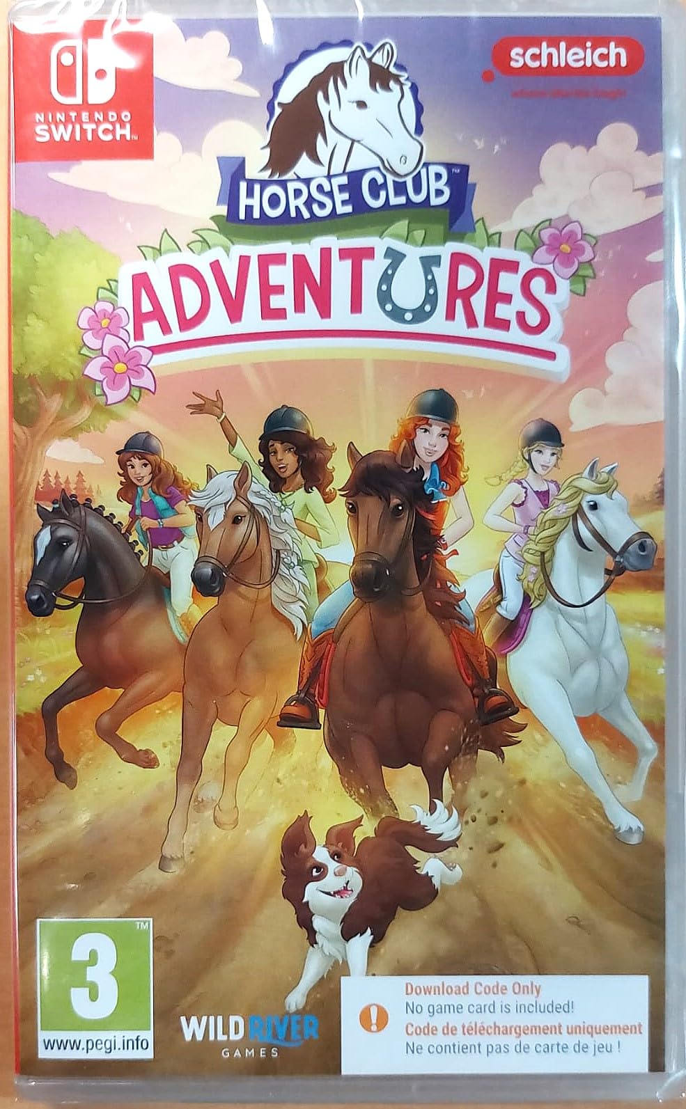 Wild River Games Horse Club Adventures Nintendo Switch game cartridge and box art showing horse riding scenes.