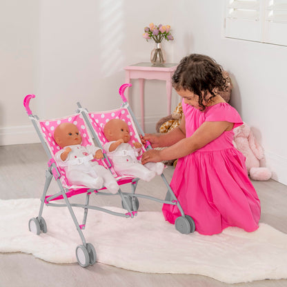 Pink polka dot Dolly Tots twin stroller for kids, lightweight double dolls pram with umbrella fold, ideal for role play for girls and boys