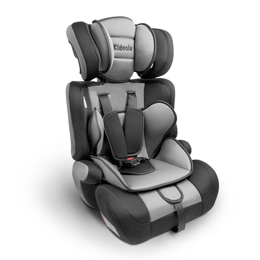 Kidoola Adjustable Car Seat for Toddlers & Children - Safety Certified Booster Seat, Padded & Comfortable with 3 Adjustable Age Functions & Straps, Up to 12 Years - ECE R44/04 (Grey & Black)