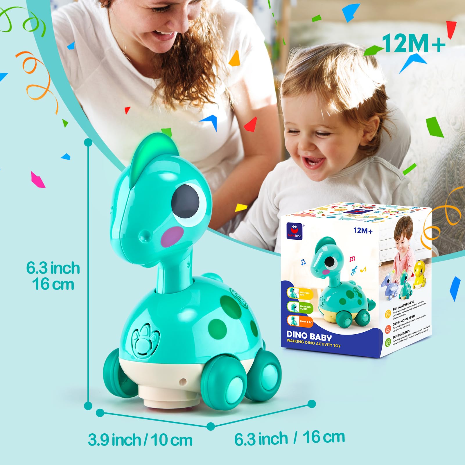 CubicFun baby crawling dinosaur toy in green with musical lights, sound, and interactive features for toddlers aged 12 months+