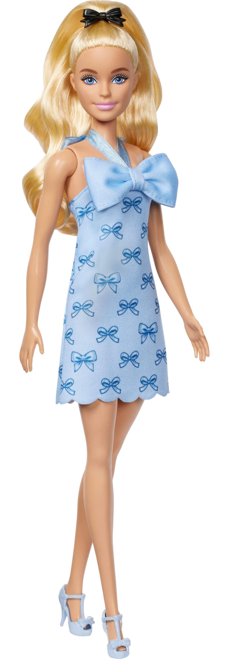 Barbie Fashionistas Doll #237 with wavy blonde ponytail in blue bow halter dress and matching blue heels.