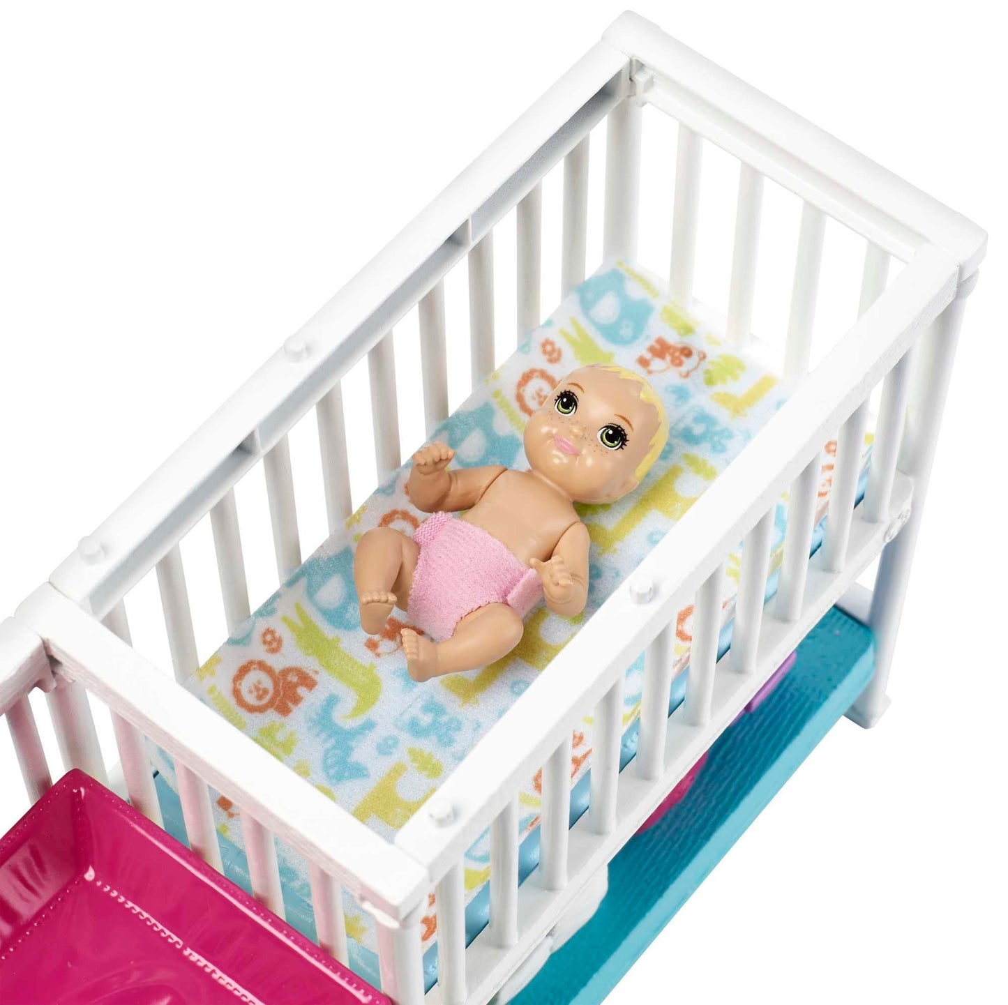 Barbie Nursery Playset featuring Skipper doll, two baby dolls, crib, baby gear, and themed toys for imaginative play.