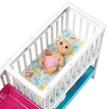 Barbie Nursery Playset featuring Skipper doll, two baby dolls, crib, baby gear, and themed toys for imaginative play.