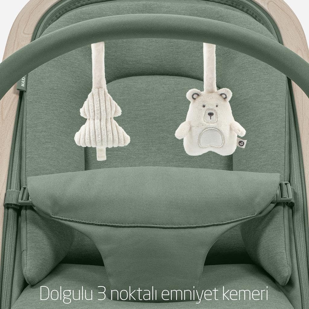 Maxi-COSI Kori 2-in-1 ergonomic baby bouncer chair with toy arch, recline options, newborn pillow, lightweight and compact design.