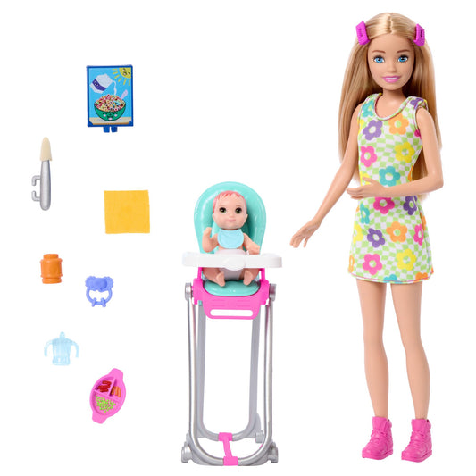 Barbie Skipper doll in a babysitting playset with mealtime accessories and color-change toy features.