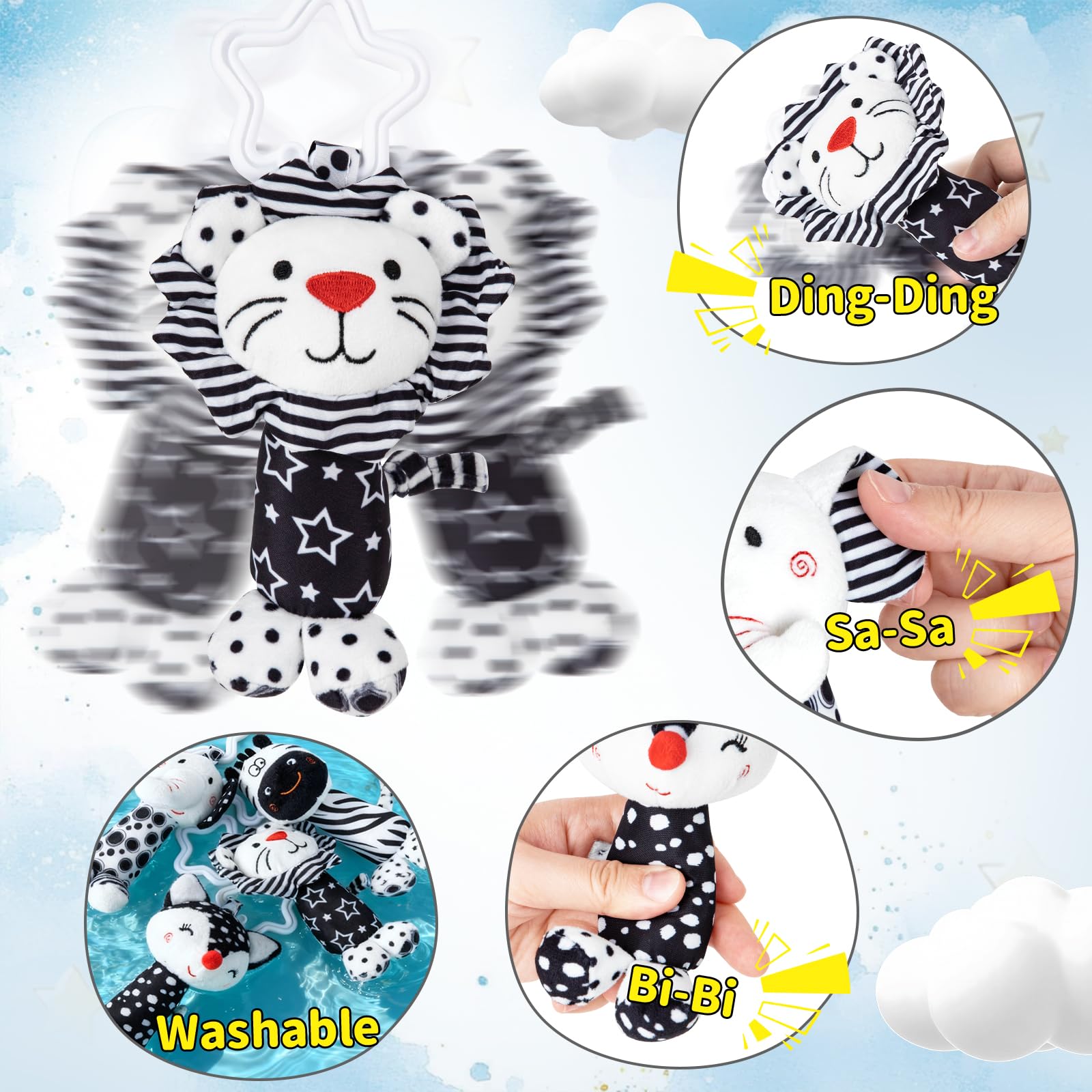 Growithu baby pram toys set with four black and white sensory animal hanging toys for newborns 0-6 months.