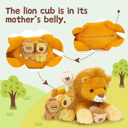 MorisMos Big Lion Teddy Soft Toy, 60cm Mom with 4 Cuddly Baby Inside, Giant Fluffly Lion Stuffed Animal Realistic Kawaii Gift for Kids Birthday Deco