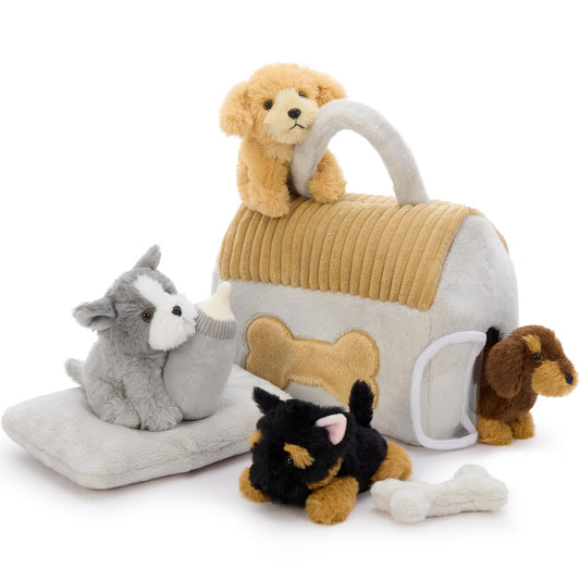 MorisMos 4pcs Dog Teddy Soft Toy, 25cm Dog Stuffed Animal Plush Cuddly with Doghouse, Lifelike Kawaii Presents for Kids Girls Boys Birthday Party Decorations