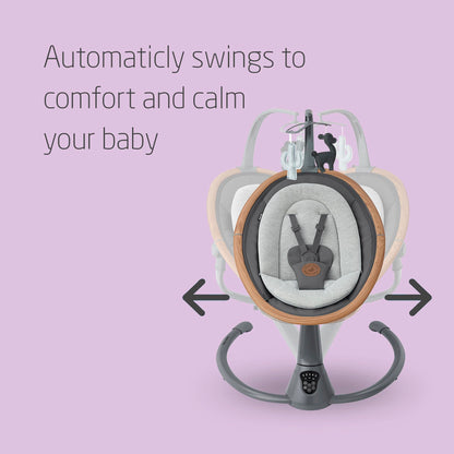 Maxi-Cosi Cassia electric baby swing chair with 360° seat rotation, 12 melodies, and adjustable recline for infants up to 6 months.