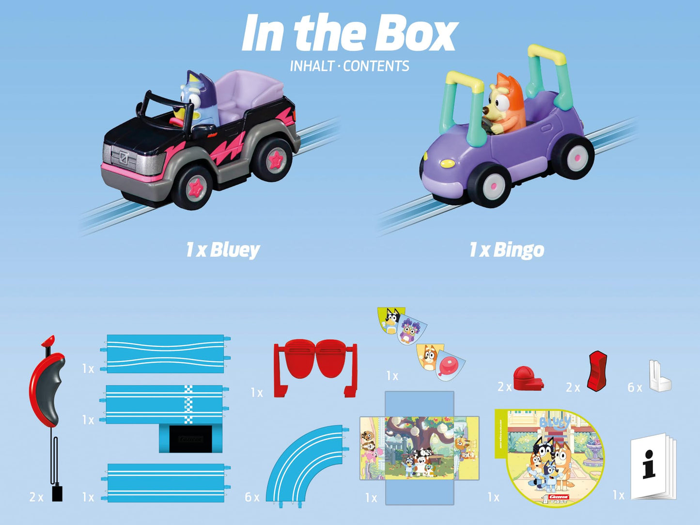 Carrera FIRST Bluey slot racing track with Bluey and Bingo cars, 2.9 meters long, suitable for children and adults.