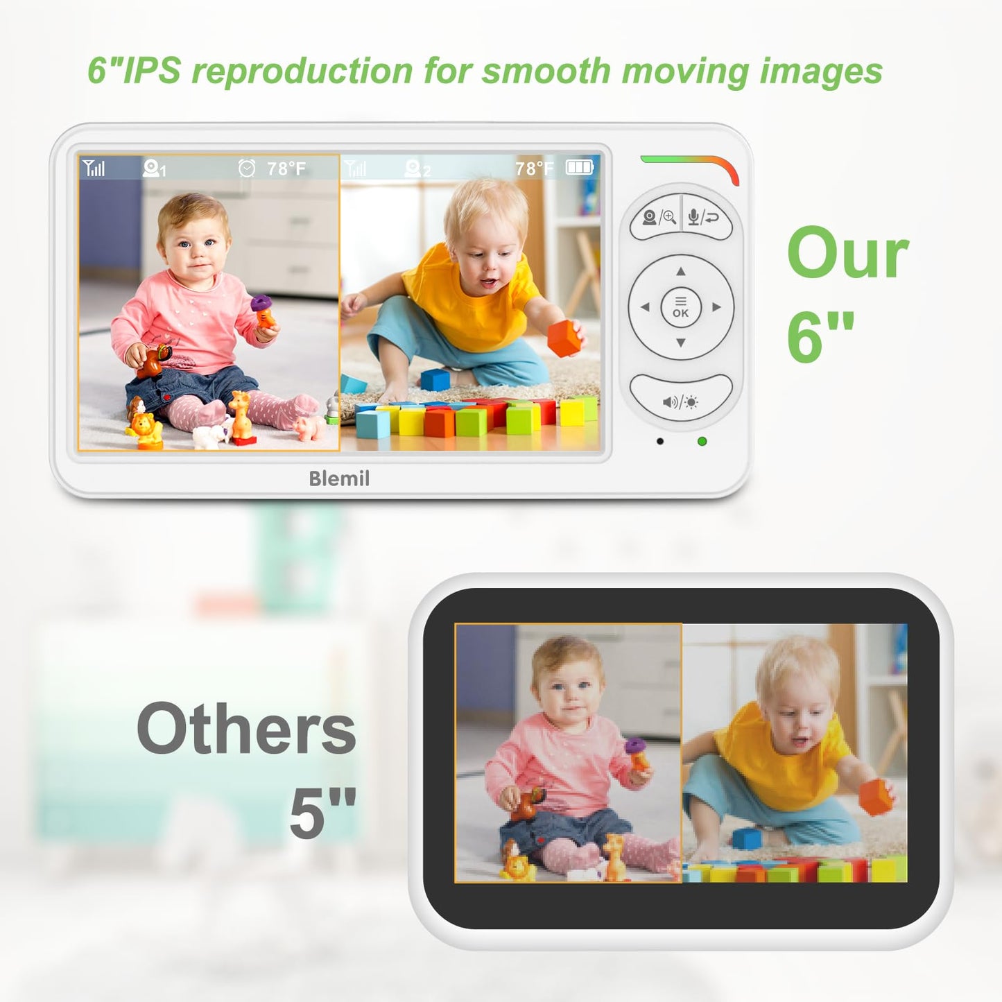Blemil video baby monitor with two cameras, large split screen, remote pan/tilt/zoom, night vision, and 30-hour battery life.