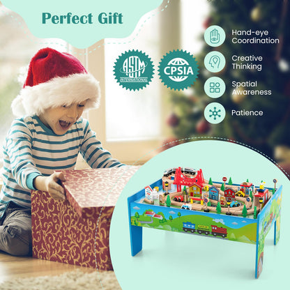 COSTWAY Train Track Set and Table, Wood Kids Play Tables with Abundant Accessories, DIY Railway Activity Playset for Boys Girls