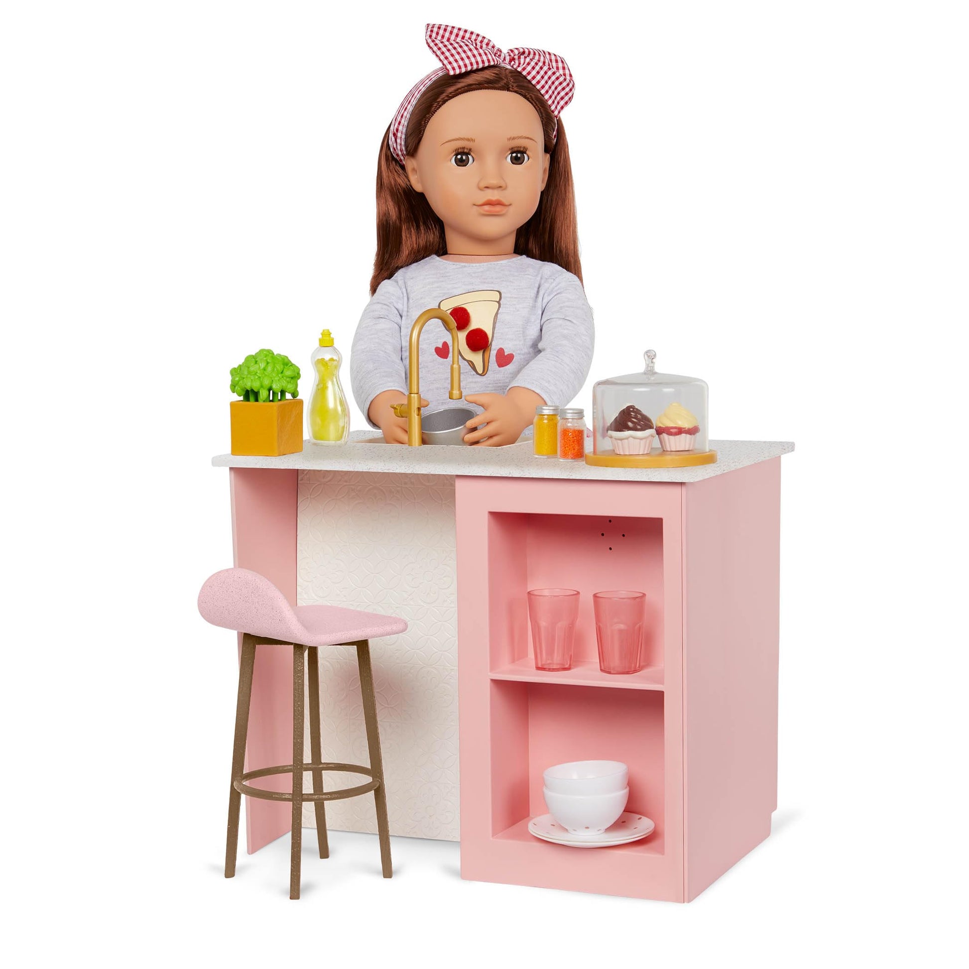 Our Generation Cooking Island Playset featuring a 34-piece kitchen setup with realistic details for 18-inch dolls.
