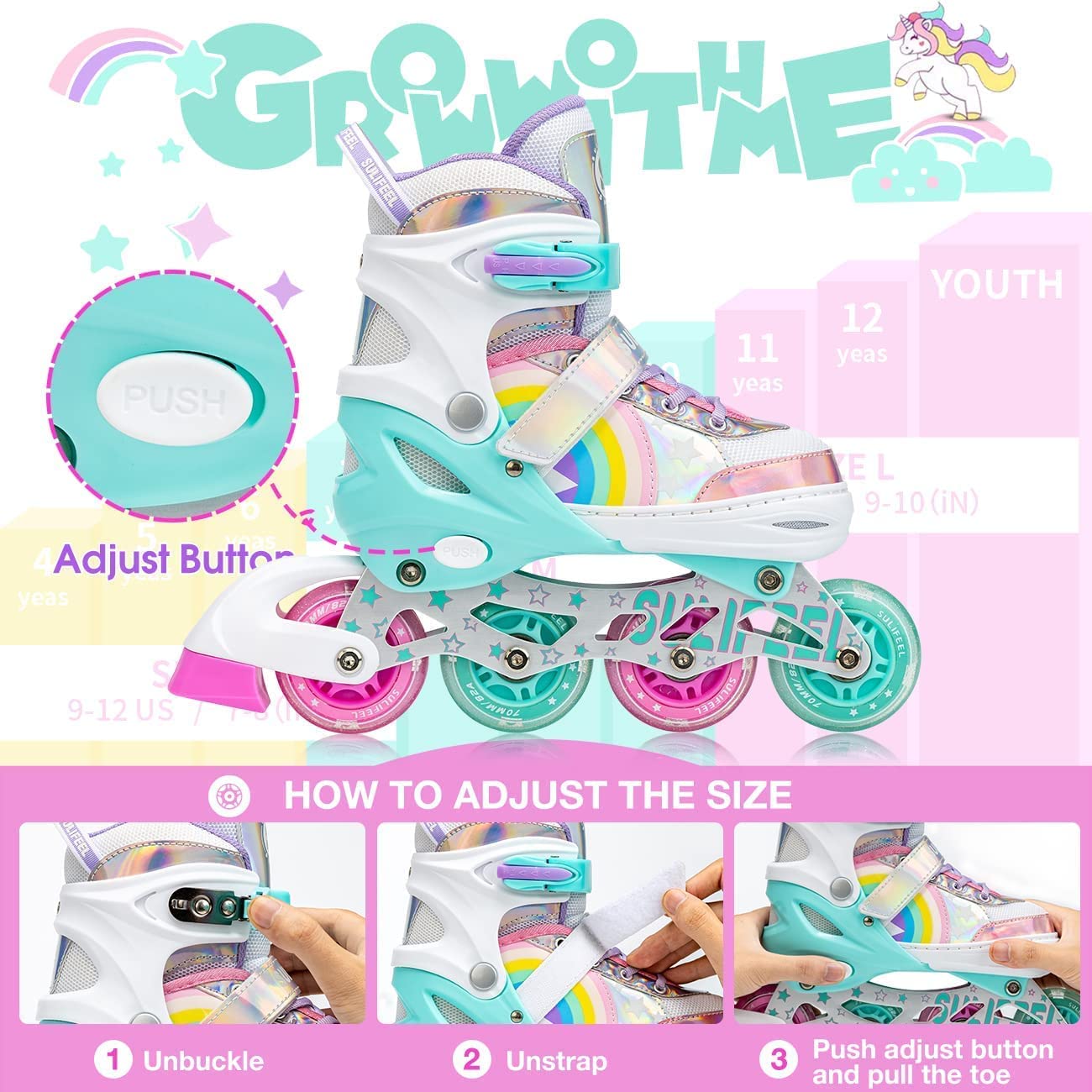 SULIFEEL adjustable kids inline skates with illuminating rainbow unicorn wheels, designed for beginner girls and children.