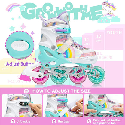 SULIFEEL adjustable kids inline skates with illuminating rainbow unicorn wheels, designed for beginner girls and children.