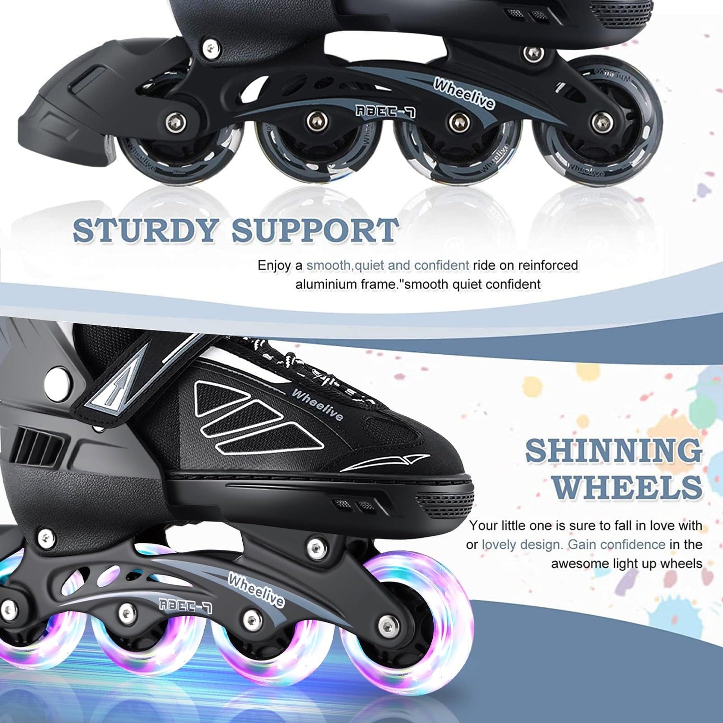 Wheelive Adjustable Inline Skates for Kids, Performance Roller Skates with Full Light Up Wheels Ideal for Boys, Girls, Beginners, Adults