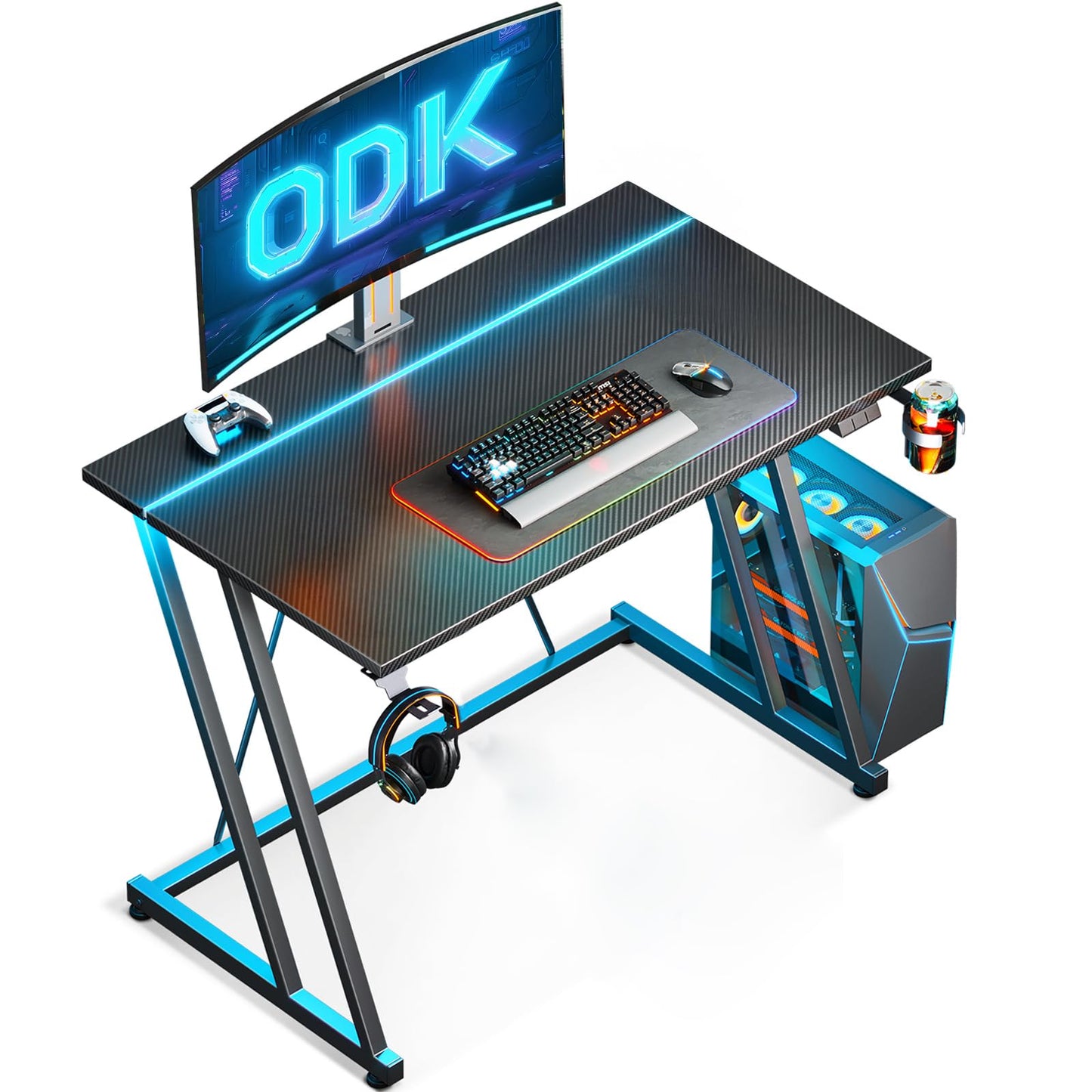 ODK Gaming Desk with LED Lights, Gaming Table with Cup Holder and Headphone Hook, Double Z Frame Design Computer Desk Carbon Fiber Black 80 cm