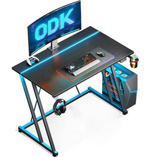 ODK Gaming Desk with LED Lights, Gaming Table with Cup Holder and Headphone Hook, Double Z Frame Design Computer Desk Carbon Fiber Black 80 cm