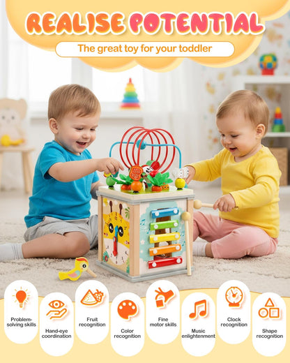 MOXTOYU Wooden Activity Cube Baby Toys, 10-in-1 Montessori Educational Toy Set for 1-3 Year Old Boys & Girls, Maze, Shape Sorter, Rotating Gear Xylophone Words & Clock Learning, 1st Gifts for Toddler