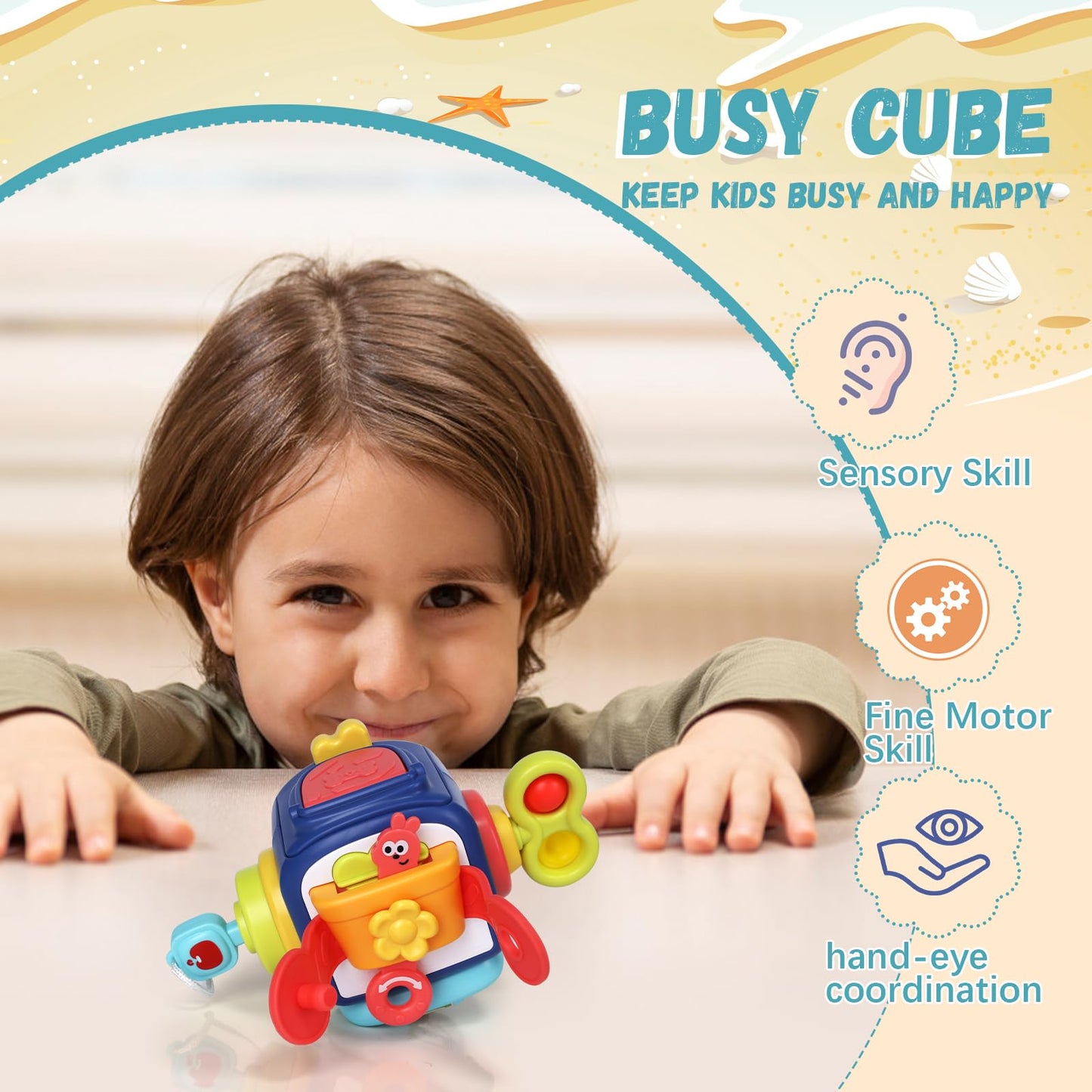 Montessori Busy Board Sensory Toys for 1-2 Year Old Toddlers: Activity Cube, Baby Fidget, Travel and Airplane Educational Learning Toys - Gift for 12-18 Month Old