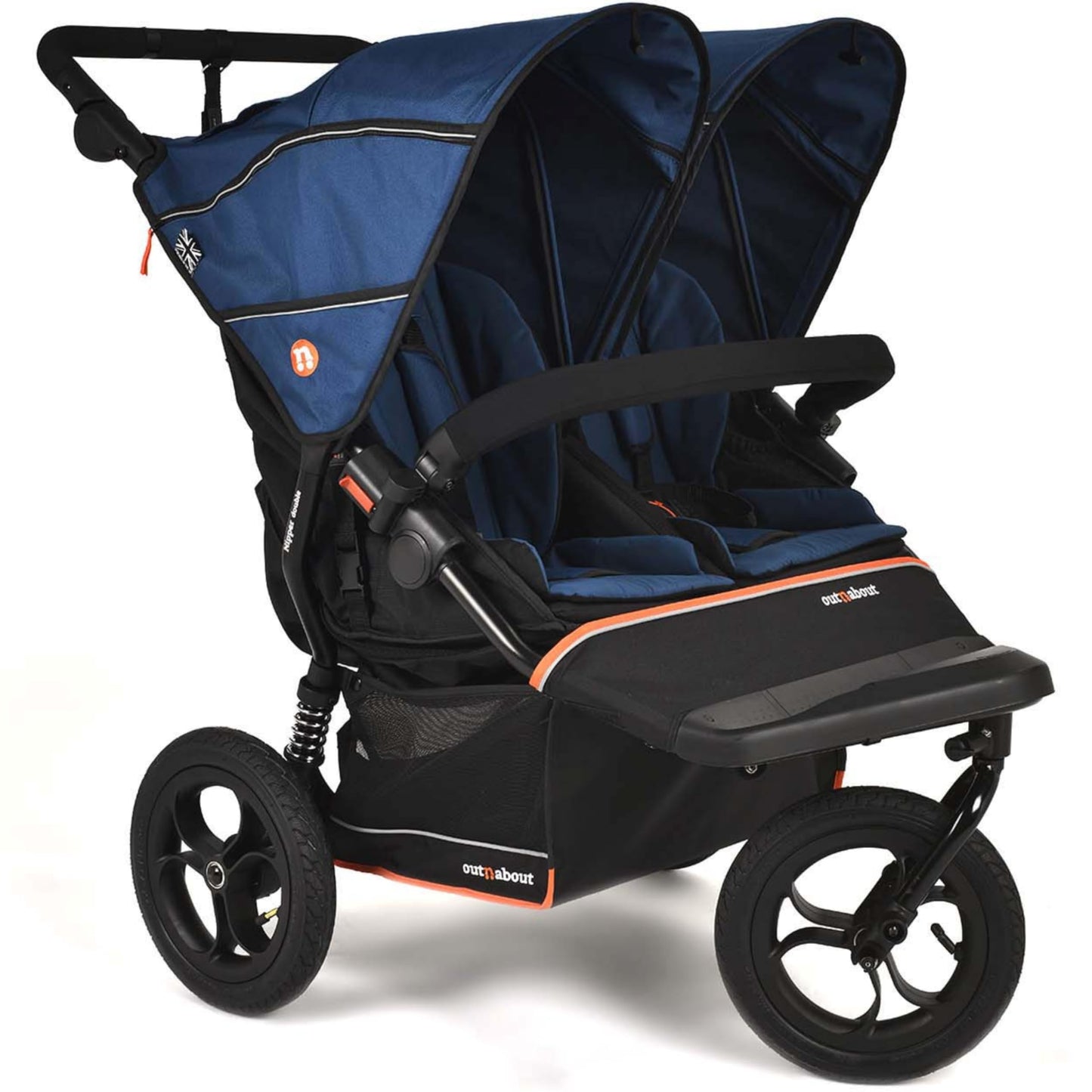Out’n’About Nipper Double V6 Pushchair | Lightweight All-Terrain Twin Buggy with Raincover, 12” Air-Filled Wheels & Compact Fold | Side-by-Side Double Stroller for Newborn to Toddler - Highland Blue